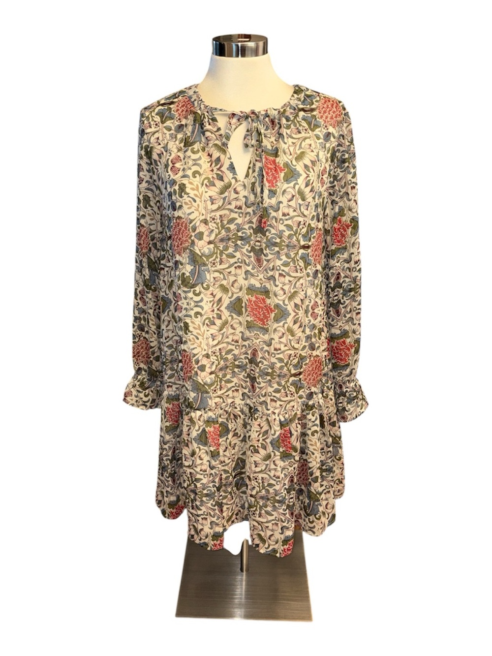 MNG Basics floral print dress long sheer sleeves fully lined tie front Sz 6